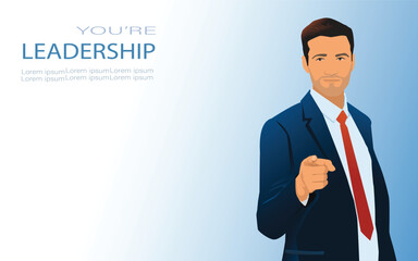 Successful business leader. Confident young businessman . Professional, CEO, executive in formal suit looking at forward with gesticulates hands. You're Leadership. vector