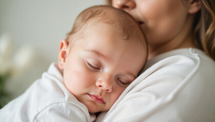 Mother holding sleeping baby in soft light background