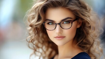 Fototapeta premium Close-up Photo: Confident Woman Gracefully Wearing Stylish Eyeglasses Outdoors. AI Generated