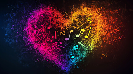 A vibrant rainbow-colored heart composed of musical notes and dynamic strokes symbolizes love and creativity.