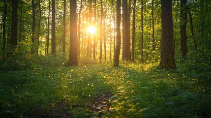 Fototapeta premium A serene forest scene with sunlight filtering through trees, creating a peaceful atmosphere.