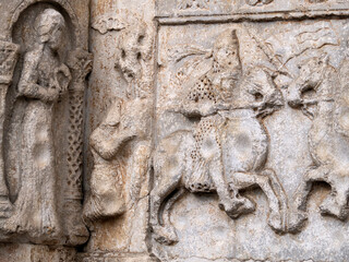 San Zeno Basilica Church in Verona Italy, detail of exterior sculptures and bas relief