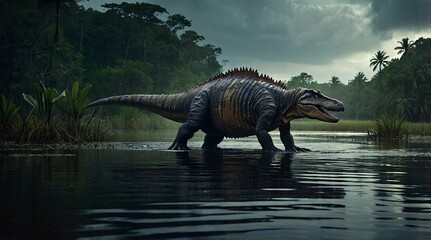 Majestic dinosaur emerges from the water in a lush prehistoric landscape beneath a moody sky filled...