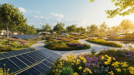 Obraz premium Eco-Friendly Solar Garden: A Beautiful Blend of Renewable Energy and Lush Landscaping.