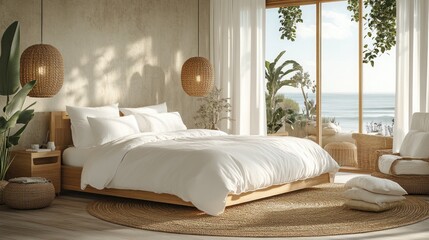 Luxurious beachfront bedroom with king-size bed, natural light, and ocean view.