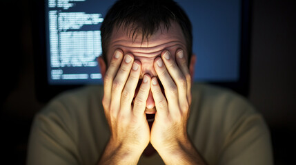 Frustrated developer at computer, facing challenges in coding and debugging, embodies the perseverance and resilience required in the tech industry.