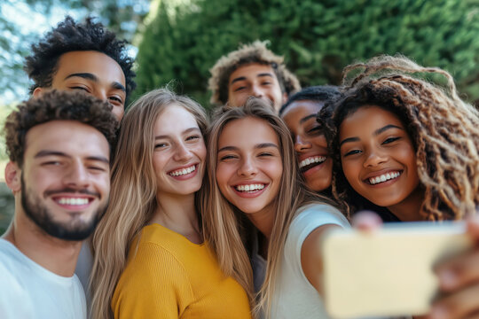 Group of multiracial young student people smiling and taking selfie together. - Powered by Adobe