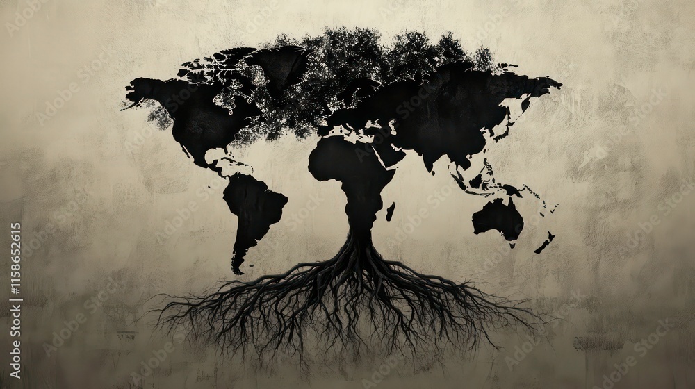Poster World map shaped tree with detailed roots and branches on textured background.