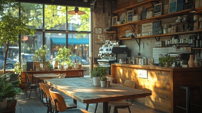 Sunny cafe interior with wooden furniture, plants, and espresso machine.