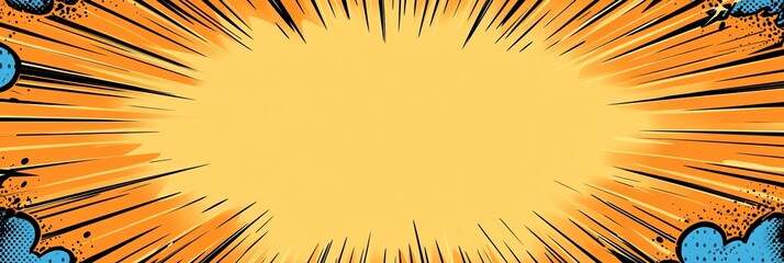 Yellow And Orange Retro Comic Zoom Lines Background Design With Blue Cartoon Clouds Graphic