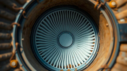 Fototapeta premium Close-Up of Jet Engine Turbine With Intricate Blades and Industrial Design