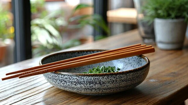 A close-up shot shows a bowl with chopsticks resting on top, suggesting a meal.