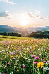 Obraz premium Sunset over Blooming Wildflower Meadow, Scenic Landscape with Colorful Wildflowers and Mountains