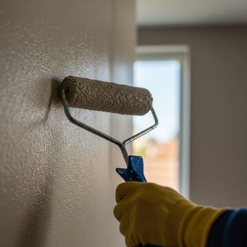 Mano con guante amarillo pintando una pared beige con rodillo en un espacio interior iluminado.