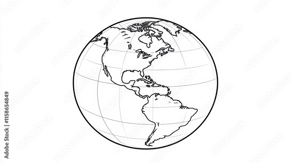 Wall mural vector style coloring page single globe outline with black contours on white background