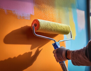 Mano con guante pintando una pared multicolor con rodillo amarillo en un espacio iluminado.