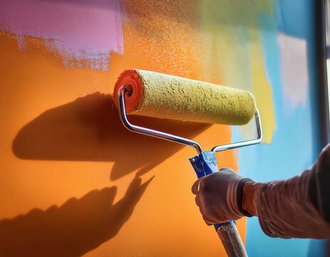 Mano con guante pintando una pared multicolor con rodillo amarillo en un espacio iluminado.