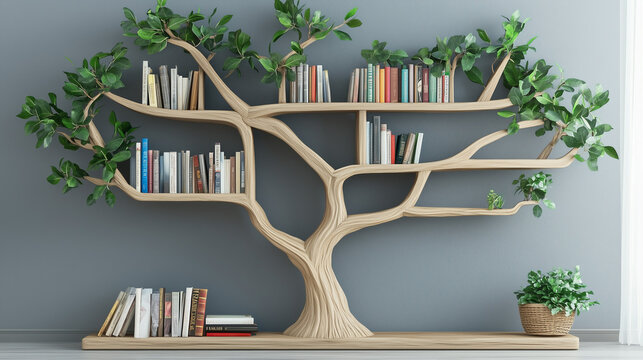 Creative tree-shaped bookshelf with natural wood branches holding books and small plants against a grey wall.