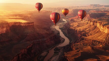 Hot air balloons soar over a scenic canyon at sunrise.