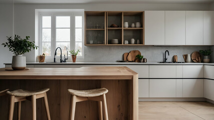 A minimal wooden kitchen island with a blurred background of a minimalist Scandinavian kitchen. 