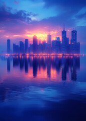 Fototapeta premium Futuristic Urban Elegance Serene Blue Horizons with Skyscraper Reflections for Buildings Modern Property Launch Aesthetic City Landscape Banner Abstract Lines Background