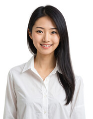a beautiful asian girl standing straight confident with long black hair wearing a white shirt . PNG transparent background. ai generator 