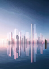 Fototapeta premium Futuristic Urban Elegance Serene Blue Horizons with Skyscraper Reflections for Buildings Modern Property Launch Aesthetic City Landscape Banner Abstract Lines Background