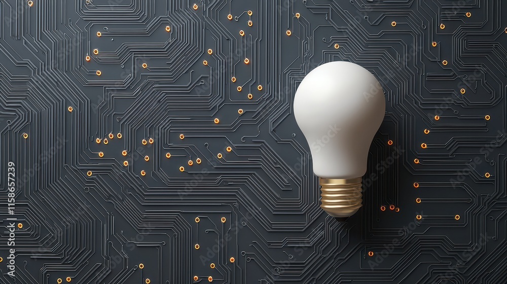 Poster a light bulb rests on a textured circuit board, representing the fusion of ideas and technology in a