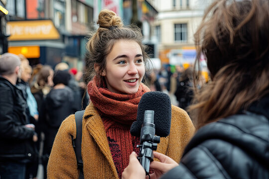 Journalist interviewing a local resident during a street event