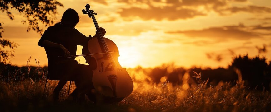 Silhouetted cellist playing at sunset in a field.