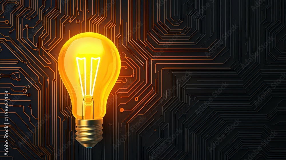 Poster a glowing light bulb illuminates a dark background with circuit patterns, symbolizing innovation and