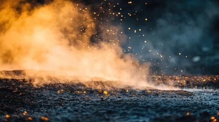 Hot glowing embers and smoke billow from a dark surface, with sparks flying.