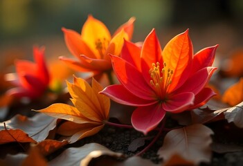 Obraz premium Vibrant haemanthus multiflorus flowers blooming amidst fallen autumn leaves