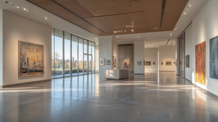 Sunlit modern art gallery interior with paintings on display and large windows.
