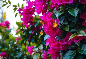 Monarch butterflies flying around bougainvillea spectabilis flowers