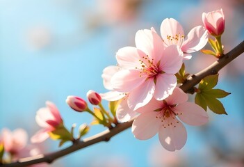 Obraz premium Beautiful pink cherry blossoms blooming on branch against blue sky