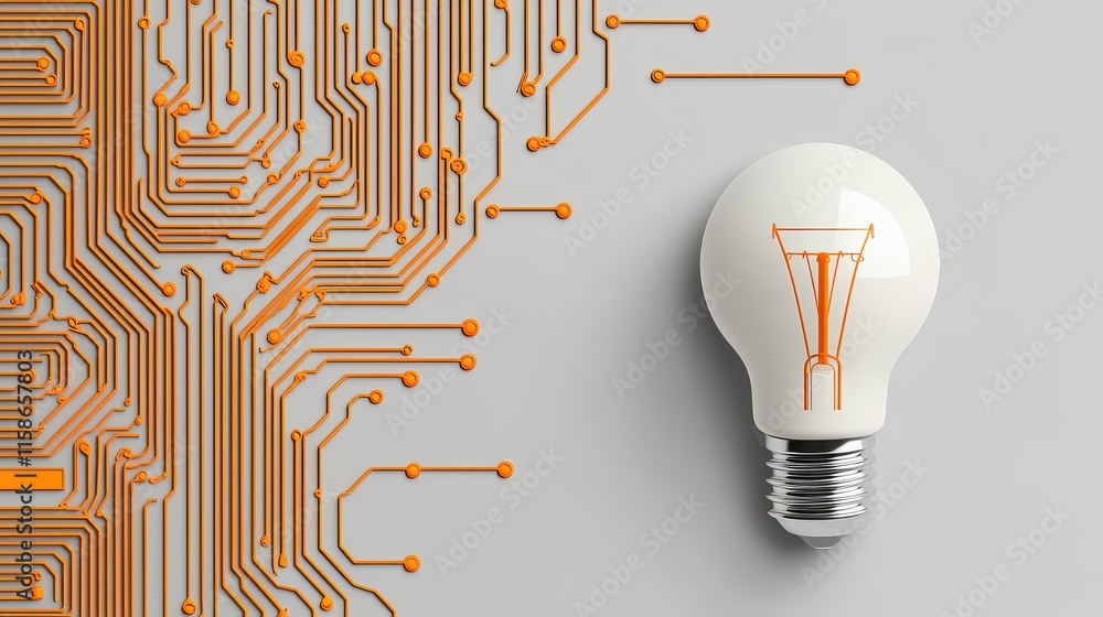 Poster a light bulb with circuit patterns symbolizes innovation and technology, blending traditional ideas 