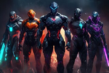 Fototapeta premium Concept art illustrating cyberpunk robots in a dynamic pose.