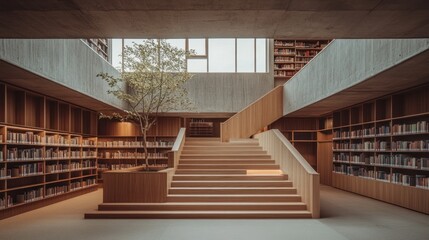 Obraz premium Modern library interior with wooden staircase, bookshelves, and tree.