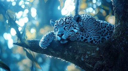 Majestic jaguar resting on a tree branch in a lush forest, illuminated by soft blue light.