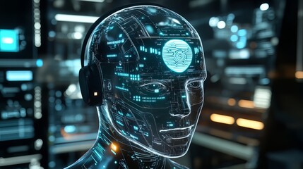 Holographic AI Head with Headphones