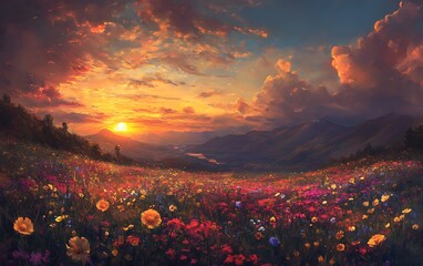 Beautiful autumn landscape with lonely tree on the hillside at sunset