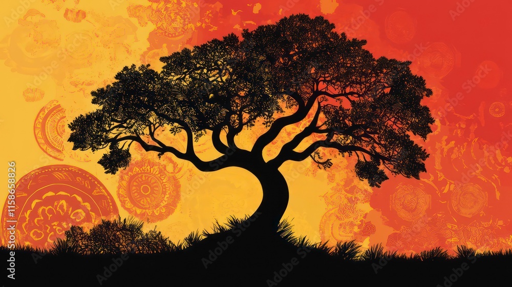 Poster silhouette of a large tree against a vibrant orange and yellow sunset backdrop with abstract swirlin
