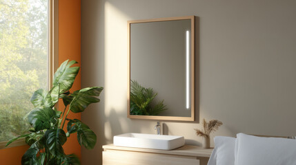 Fototapeta premium Smart home concepts. Modern smart mirror with integrated health sensors in stylish bathroom