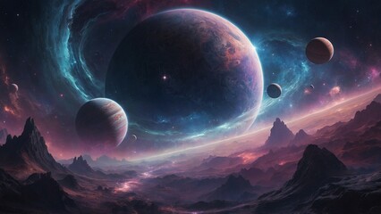 Stunning cosmic landscape featuring colorful planets and nebulae in space
