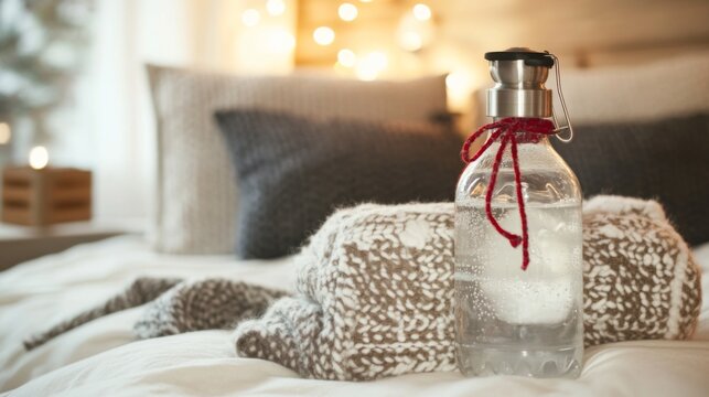 Hot water bottle resting on a cozy bed, providing warmth and comfort during cold nights. Embracing the simple pleasures of home and relaxation.