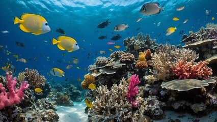 Vibrant coral reef with colorful fish swimming in clear blue water