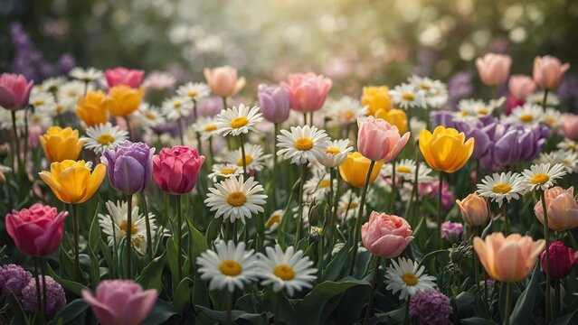 Colorful blooming tulips and daisies in a vibrant garden during spring sunshine