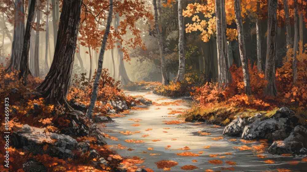 Poster serene autumn forest stream with fallen leaves, sunlight filtering through trees.