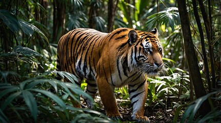 Fototapeta premium Majestic tiger silently prowls through lush rainforest under the dappled sunlight, showcasing nature's raw beauty and the creature's powerful presence in its natural habitat